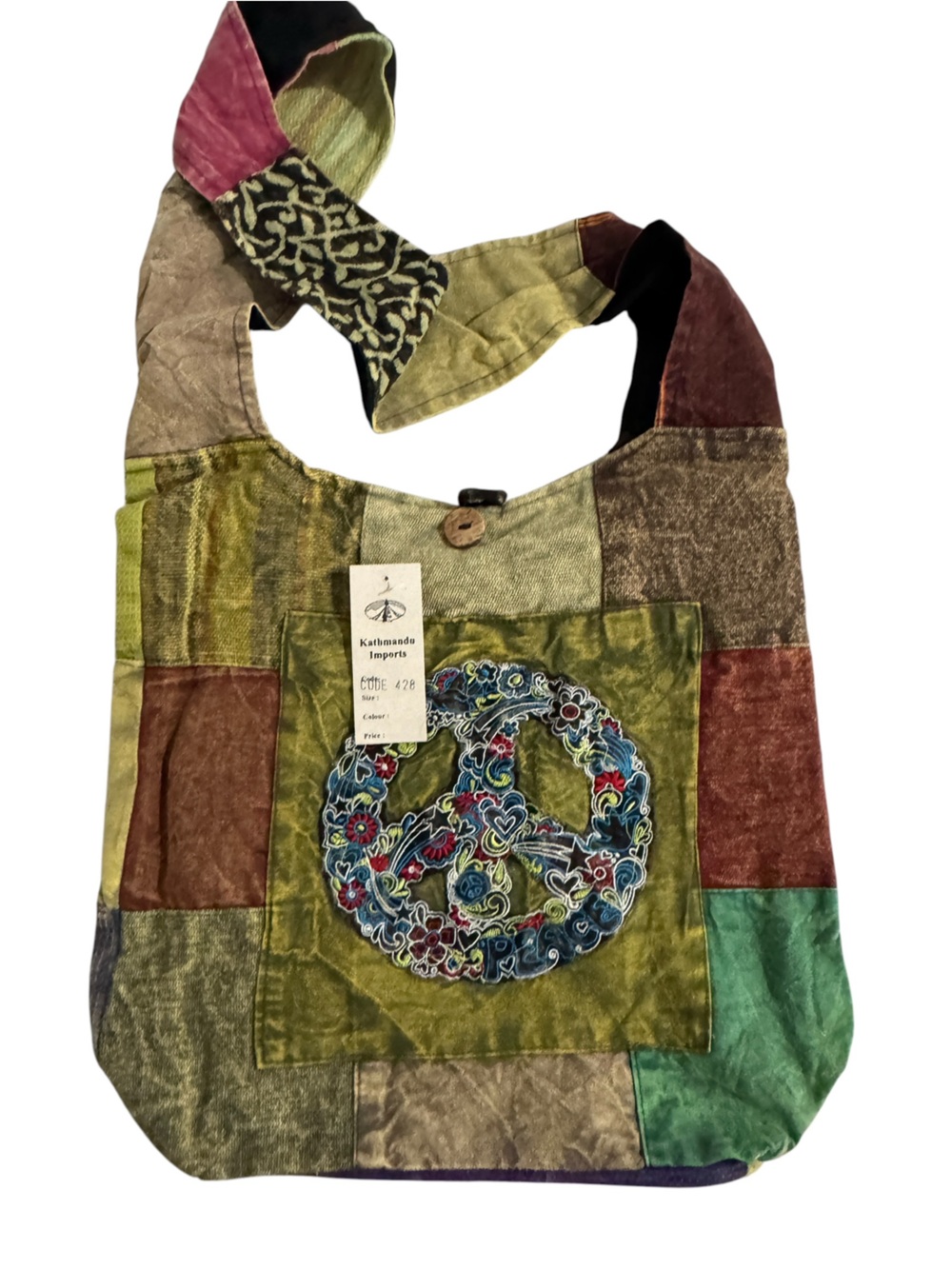 NWT Kathmandu Imports Patchwork Peace Sign Hobo Bag Boho Crossbody Sling Nepal